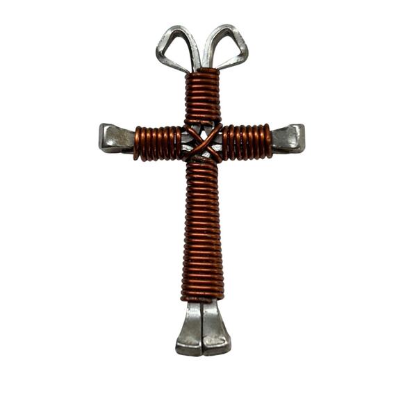 Silvertone and Copper Color Wrapped Cross Pendant Funky 1.75" - Picture 2 of 7